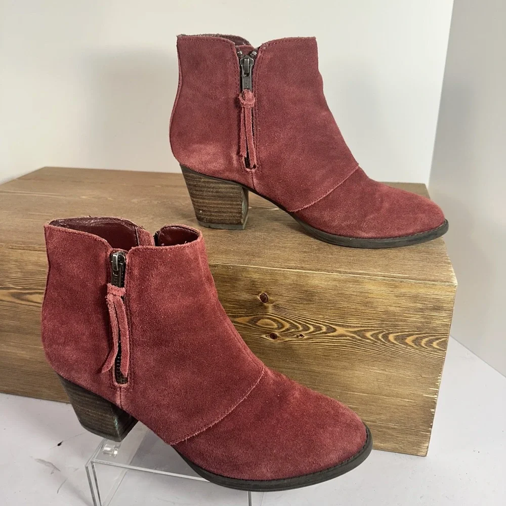 American Eagle Women Y2K Red Suede Ankle Boots Sz 9 Chunky Heel Retro